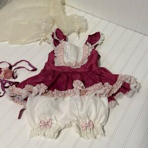 Dollcake Pure Heart Romper Magenta and Blush Ruffle Attached with Ivory Bloomers